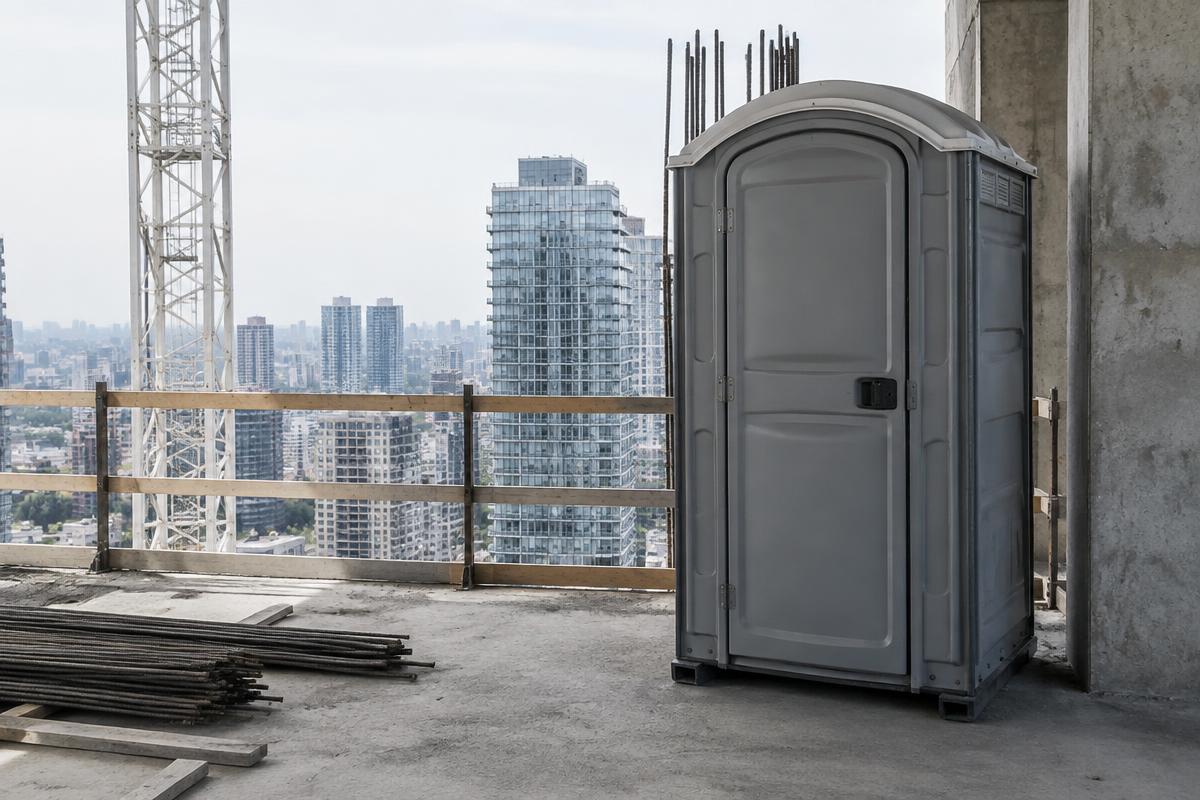 Compact high-rise portable toilet on a concrete floor deck