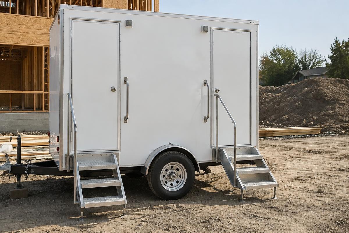 Two-station portable restroom trailer at a construction site